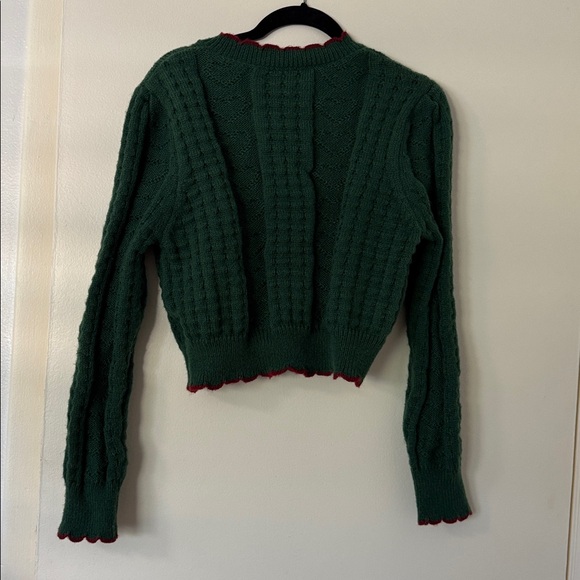 Green Cardigan Sweater with Red Trim - Picture 7 of 7